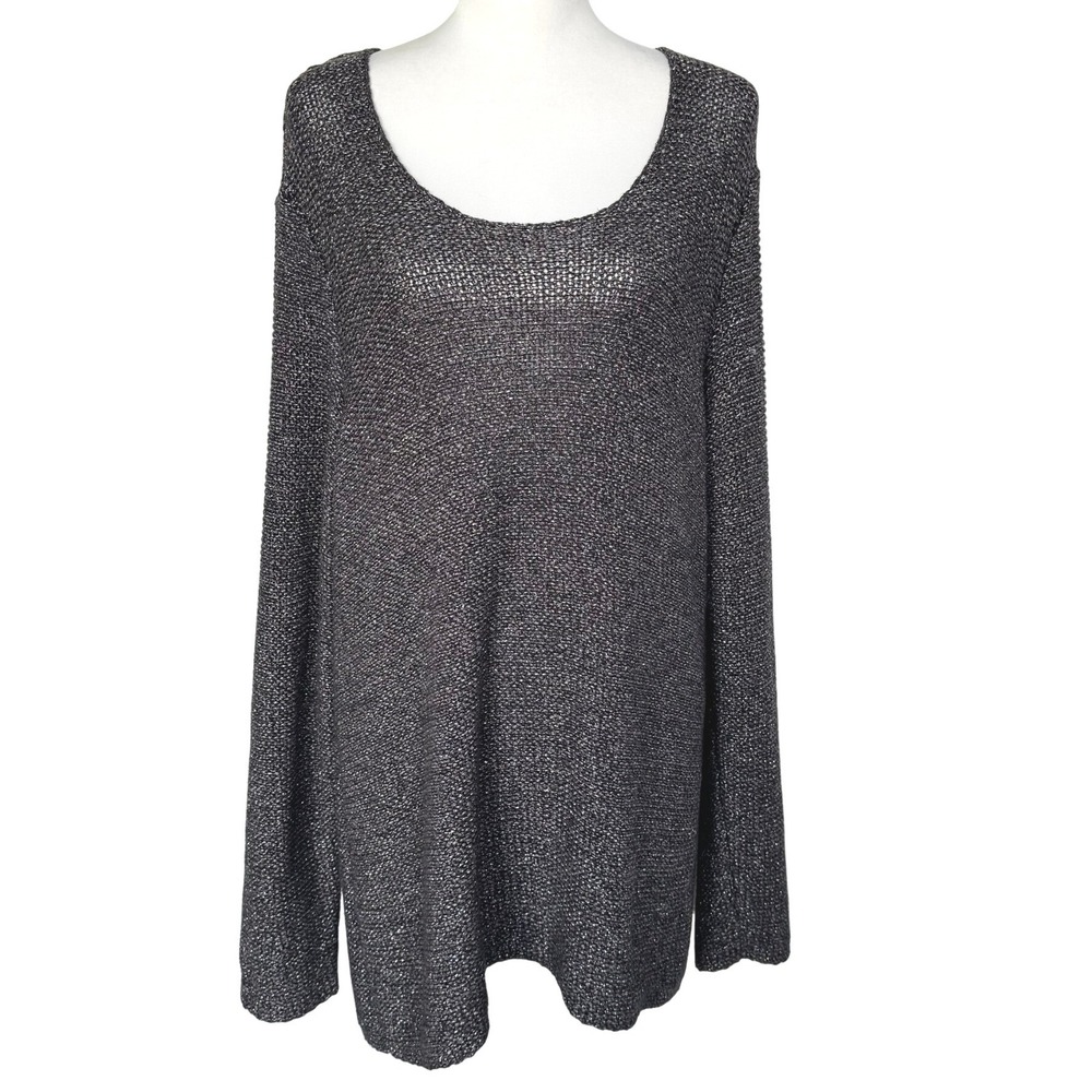 J JILL Women's Large Gray Silver Shiny Metallic Knit Pullover Sweater Tunic Top‎